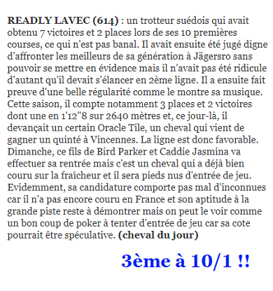 Conseillé aux abonnés READLY LAVEC termine 3ème à Vincennes le 1er janvier 2023