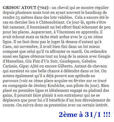 Conseillé aux abonnés, GRISOU ATOUT termine 2ème à 31/1 le 20 décembre à Amiens