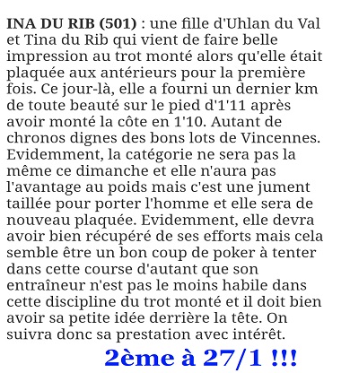 Conseillée aux abonnés, INA DU RIB termine 2ème à 27/1 le 18 décembre à Vincennes