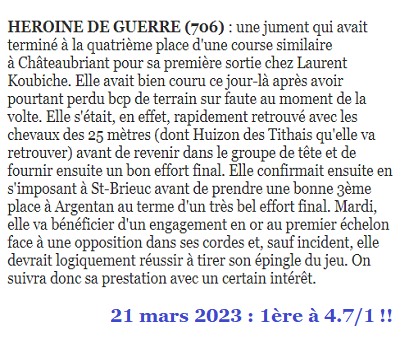 Pronostic gagnant du 21 mars 2023. Victoire d'HEROINE DE GUERRE