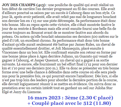 Pronostic gagnant du 16 mars 2023. JOY DES CHAMPS termine 3ème à 5/1