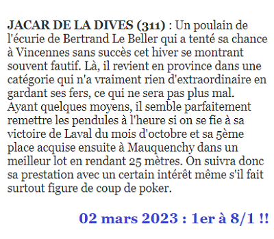 Pronostic gagnant du 2 mars 2023. Victoire de JACAR DE LA DIVES