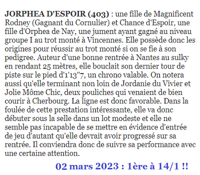 Pronostic gagnant du 28 février 2023. Victoire de JORPHEA D'ESPOIR