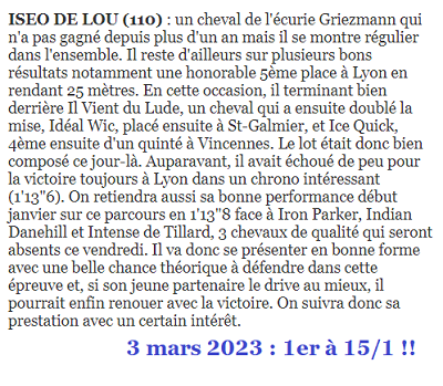 Pronostic gagnant du 3 mars 2023. Victoire d'ISEO DE LOU
