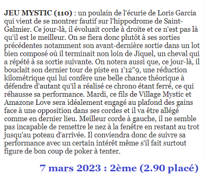 Pronostic gagnant du 7 mars 2023. 2ème place pour JEU MYSTIC