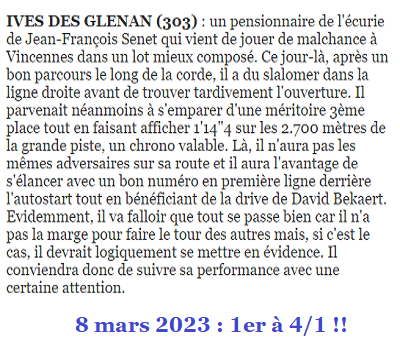 Pronostic gagnant du 9 mars 2023. Victoire d'IVES DES GLENANS