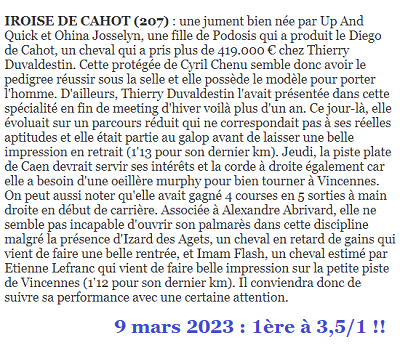 Pronostic gagnant du 9 mars 2023. Victoire d'IROISE DE CAHOT