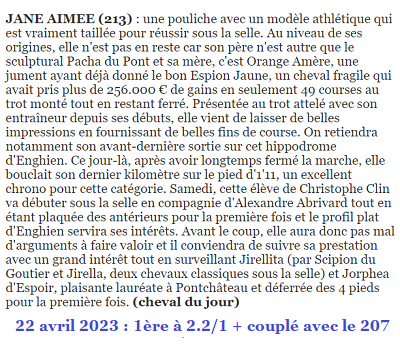 Pronostic gagnant du 22 avril 2023 à enghien. Victoire de JANE AIMEE