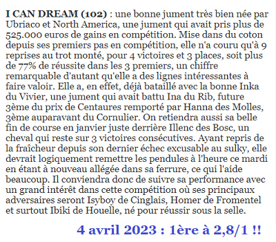 Pronostic gagnant du 4 avril 2023. Victoire de I CAN DREAM