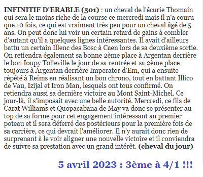 Pronostic gagnant du 5 avril 2023. INFINITIF D'ERABLE termine 3ème
