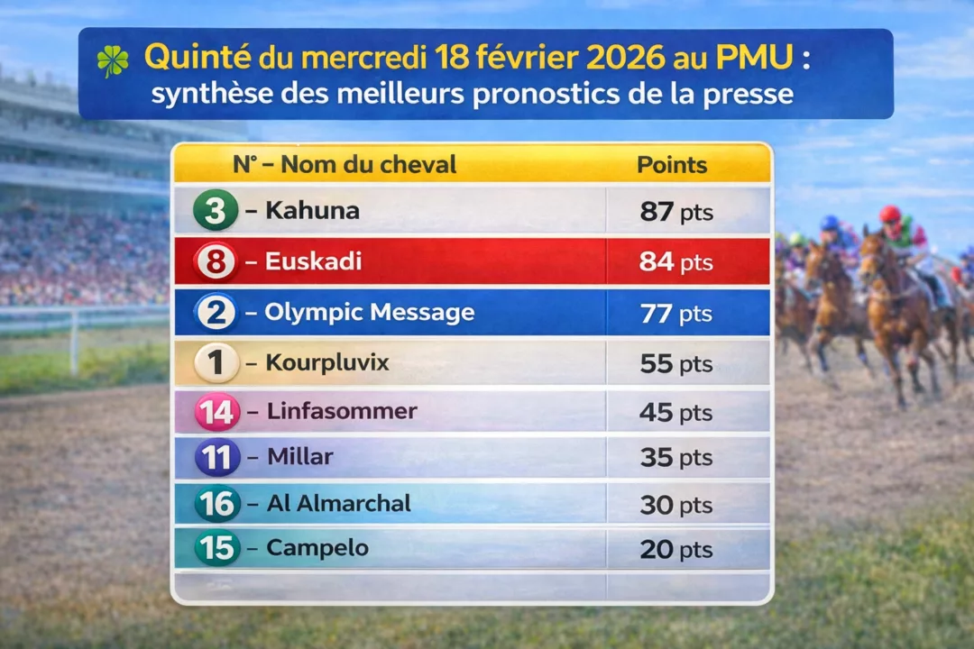Pronostics presse Quinté du mercredi 18 février 2026