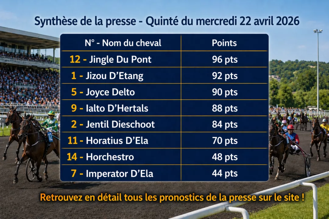 Pronostic presse PMU pour le quinté du mercredi 22 avril 2026