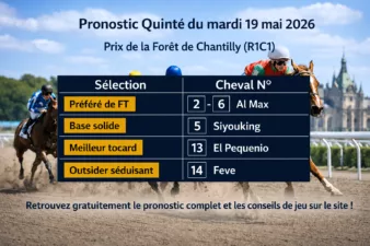 Pronostic Quinté et conseils de jeu du mardi 19 mai 2026 – Prix de la Forêt de Chantilly (R1C1)