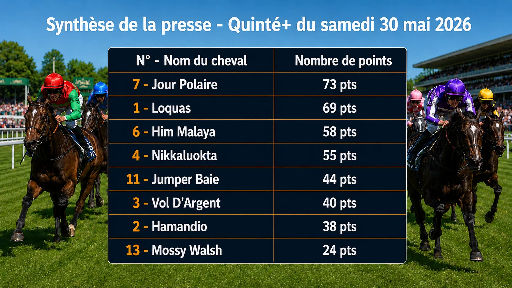 Pronostics Quinté du samedi 30 mai 2026 – Les meilleures sélections de la presse PMU du jour