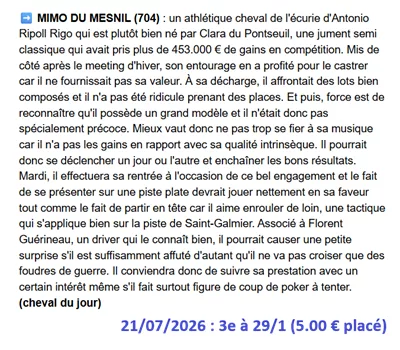 Pronostic gagnant du mardi 21 juillet 2026